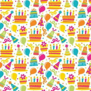Vrolijk cadeaupapier met taarten, ballonnen en luchtballonnen. Perfect voor verjaardagen en kinderfeestjes. Maak van elk cadeau een feestje!